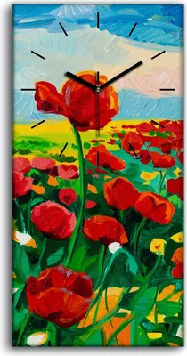Produktbild von Wanduhr Uhr Wandbild Leinwand 30x60 Bild Natur Landschaft Mohn Blume wiese - schwarze Hände