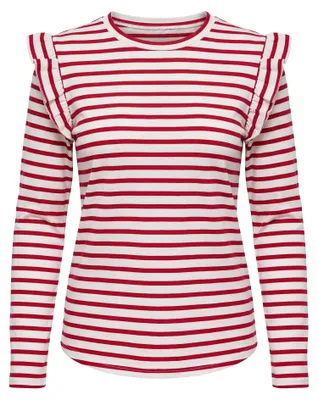 Produktbild von Damen Jersey Langarmshirt gestreift, rot, Gr. S, mit Rundhalsausschnitt und Rüschen