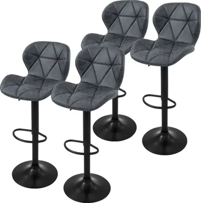 Four gray bar stools with black bases and footrests are arranged in a staggered formation against a white background.