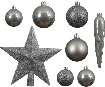 Produktbild von Weihnachtskugeln Kunststoff mit Christbaumstern 33er Set - Zart Grau