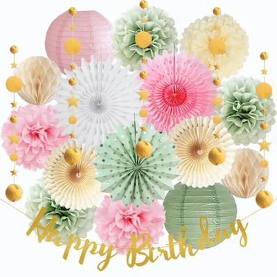 Produktbild von Geburtstagsdeko Set Grün Rosa Salbeigrün Papierfächer Pompons Girlande Banner