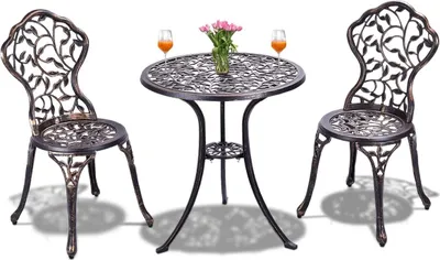 Produktbild von Balkonset 3 teilig, Gartenset Bistroset aus Aluminiumguss, Bistrotisch mit 2 Stühle, Garten Sitzgruppe Gartenmöbel, Gartenmöbel antik für Balkon Garten Terrrase