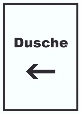 Produktbild von Dusche Schild mit Text und Richtungspfeil links waschen Hygiene hochkant A1 Rückseite selbstklebend