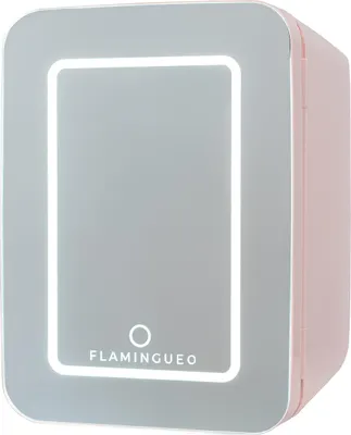 A pink mini-fridge with a lighted mirror on the front.