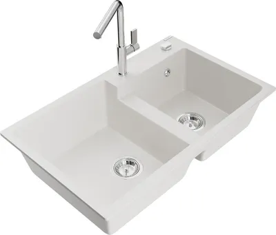 Produktbild von Mexen Tomas 2-Becken-Granitspüle mit Mischbatterie Flora, Weiß - 6516-20-670401-00