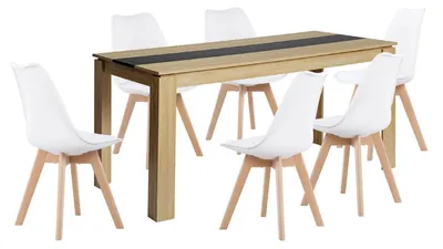 Image de Ensemble de salle à manger comprenant une table rectangulaire en chêne et noir de 160 cm, avec 6 chaises blanches