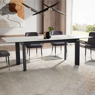 Immagine prodotto di WOHNLING tavolo da pranzo 180x95x77 cm tavolo da pranzo in vetro ceramico bianco effetto marmo tavolo da cucina allungabile fino a 240 cm tavolo in vetro grande tavolo da pranzo sala da pranzo