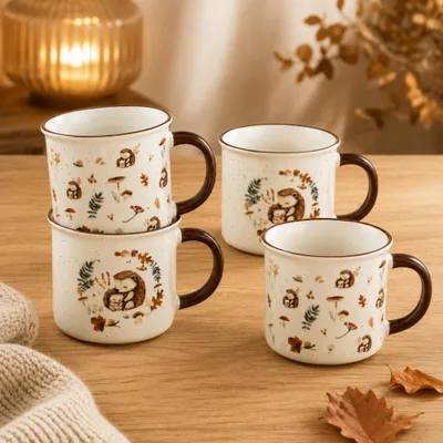 Produktbild von Tassen 4er Set Igel 370 ml - Teetassen mit 2 Waldtier-Motiven, braun