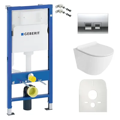 Produktbild von DOMINO Geberit Duofix Basic Vorwandelement + Wand-WC Tiefspül Sofi Slim Becken Weiß Spülrandlos + Silber Bedienplatte Delta 25 für Doppelspülung | Set