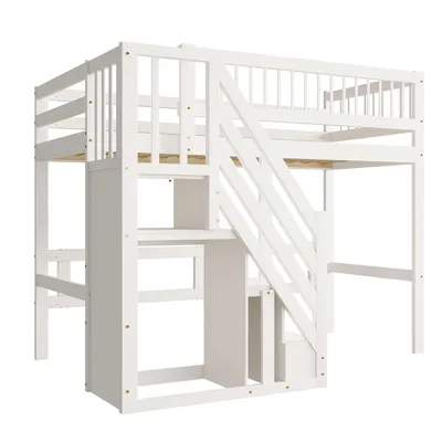 Produktbild von Flieks Etagenbett 90x200cm mit Rausfallschutz, Hochbett mit Treppe mit Kleiderstange und Ablagen, Kinderbett Einzelbett mit Lattenrost, Weiß