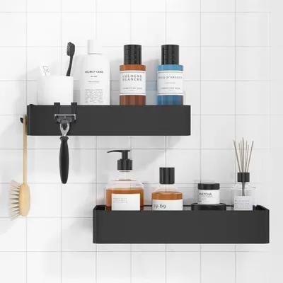 Produktbild von Kitsure Duschablage ohne Bohren - 2 Stück rostfreie Badezimmer Organizer, schnell trocknende Badregal ohne Bohren mit großer Kapazität, langlebige Shampoo Halterung für Duschel, 4027BL