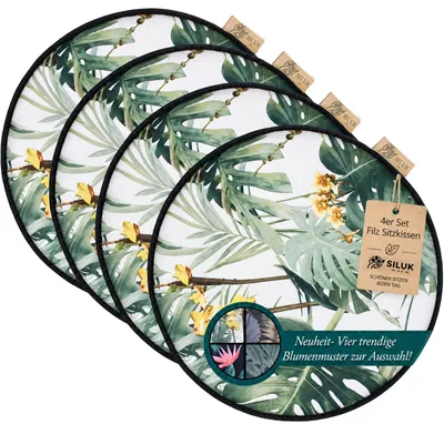 Produktbild von SILUK gemütliches Stuhlkissen Sitzkissen aus Filz Ø 36cm - Komfortable Waschbare - 4er Set Grau I Schwarz für Bank Stuhl (Blume - Weiß)