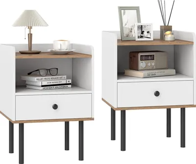 Two identical white nightstands with wood-effect shelves and drawers, displayed side-by-side against a white background.