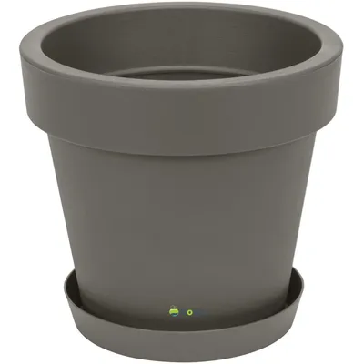 A gray planter pot with a matching saucer is shown against a white background.