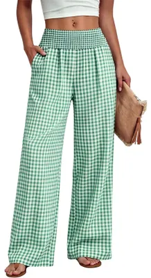 Image de ASKSA - Pantalon ample pour femmes, pantalon d'été à carreaux, taille haute, coupe palazzo élastique, pantalon ample décontracté pour le temps libre, avec poches, à carreaux, vert, taille XXL