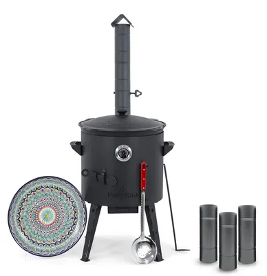 Produktbild von Posylka.de Feuerstelle Utschak Ø 40 cm Kasan 12 L flach Langrohr Lagan 37 cm Schaumlöffel, (10-St)