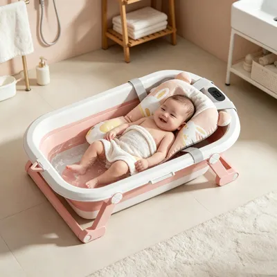 Produktbild von Baby Badewanne,Faltbare Badewanne Baby mit Rutschfester Matte und Thermometer,Tragbare Baby Bathtub für Neugeborene Kleinkinder,80x50x22cm Rosa