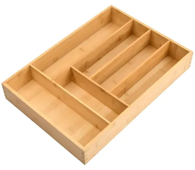 Immagine prodotto di Contenitore per posate in legno di bambù, dimensioni 43x30x6 cm, con 6 scomparti, organizer per cassetti da cucina