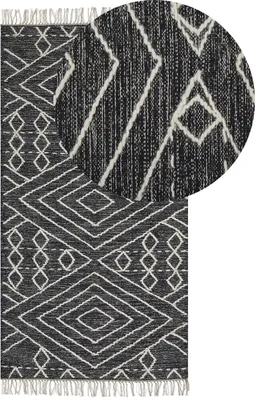 Produktbild von BELIANI Teppich Läufer Schwarz Baumwolle und Wolle Rechteckig 80 x 150 cm mit Geometrischem Muster Fransen Handgewebt Boho Skandinavisch Kurzhaar