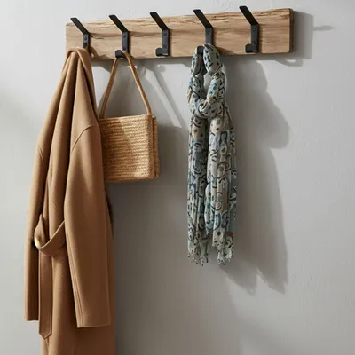 Produktbild von LS-LebenStil Vintage Holz Wandgarderobe 5 Haken Eiche Braun 55cm Garderobenleiste 5-fach Doppelhaken - Stabile Gusseisen Garderobenhaken Kleiderhaken
