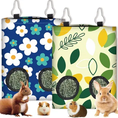 Productafbeelding van Hanging Heu Futterbeutel voor Kleintieren - 2 Stuks met Bloemenmotief