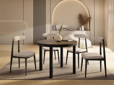 Produktbild von Runder Ausziehbarer Esstisch mit Schwarzem Metallgestell – Tisch mit Schwarzen Metallbeinen im Loft-Stil – Platzsparender Tisch für Wohnzimmer, Esszimmer – Lefkas Eiche – 100 bis 180 cm