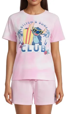 Immagine prodotto di Maglietta e pantaloncini Disney Stitch da donna, pigiama in cotone, set composto da due pezzi con la scritta "Sur"