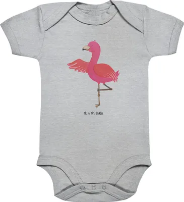 Produktbild von Mr. & Mrs. Panda babykleidung body Flamingo Yoga 1. - 3. Monat - Heather Grey - Geschenk, strampelanzug, Strampler Baby, Entspannung, overall, Rosa, Urlaub, kurzarm, Baum