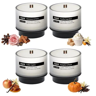 Image de Coffret de 4 bougies parfumées, cire de soja, durée de combustion de 35 heures, boîte cadeau. Parfums : potiron, musc, caramel, pomme, cannelle, muscade, vanille, cupcake