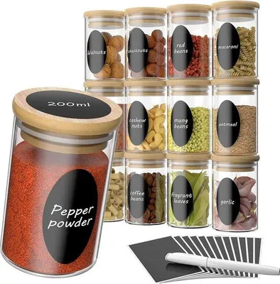 Immagine prodotto di Set di vasetti per erbe aromatiche in vetro con coperchio in bambù, 12 x 200 ml, set per essiccare le erbe con etichette e colori, per erbe aromatiche, tè e alimenti.