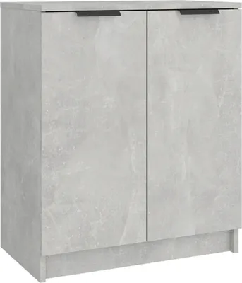 A front view of a two-door cabinet with a concrete-like finish.