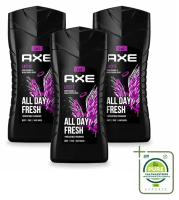 Imagen del producto de 3 unidades de gel de ducha 3 en 1 Axe Excite, aroma coco y pimienta negra, 250 ml cada uno. Pack grande
