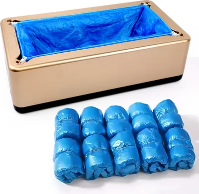 A shoe cover dispenser with a blue liner and a stack of disposable blue shoe covers.