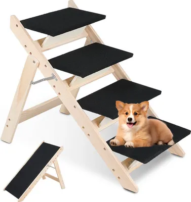 Produktbild von TolleTour 2 in 1 Hundetreppe 4-Stufen Hunderampe Haustiertreppe Kiefernholz Rutschfest Tiertreppe Einstiegshilfe Klappbar