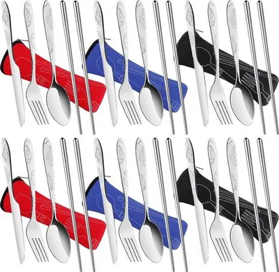 Image de Couverts de camping pliables, en acier inoxydable, 6 pièces, avec manches en bois, pour les voyages, le camping et les pique-niques