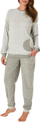 Produktbild von Normann Damen Frottee Pyjama mit Bündchen in Tupfen- und Ringeldesign - auch in Übergröße ; Ringel grau , 44