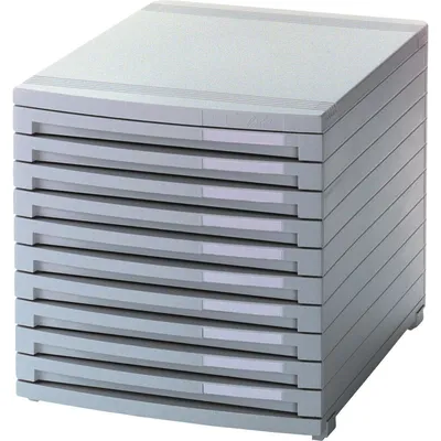 Produktbild von HAN Schubladenbox CONTUR mit 10 flachen offenen Schubladen bis Format B4, inkl. Auszugsperre, inkl. Beschriftungsschildern, Gummifüße, modular erweiterbares Schubladensystem, 1510-11, lichtgrau