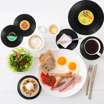 Produktbild von Retro-Vinyl-Schallplatten-Untersetzer – rutschfest – 12 Stück – mehrfarbig – Holz