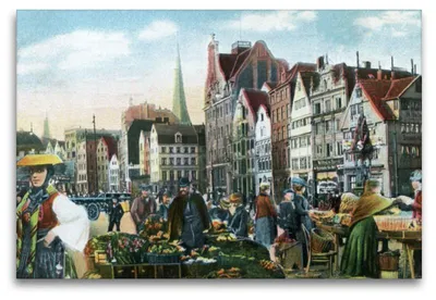 Produktbild von Premium Textil-Leinwand 120x80cm quer Premium Textil-Leinwand 120 cm x 80 cm quer Hamburger Marktbild am Messberg | Wandbild, HD-Bild auf Keilrahmen, Fertigbild auf hochwertigem Vlies, Leinwanddruck von Jens Siebert