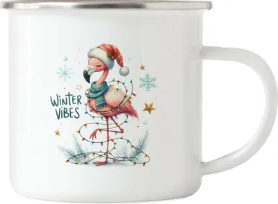Produktbild von Winter Vibes Lustiges Flamingomotiv Emaille-Tasse Geschenkidee witziges Design Weihnachten