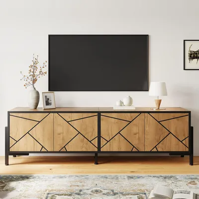 Produktbild von KLAM HOME Lowboard TV-Schrank Naturholz Schwarz für 65 Zoll Lowboard mit 4 Türen & großem Stauraum für kleine Wohnzimmer Modernes TV-Board