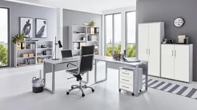 Produktbild von Büromöbel-Set TABOR PRO 6 in lichtgrau / weiß matt, Arbeitszimmer Komplett-Set