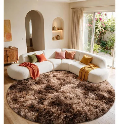 Image de Tapis rond pour salon, couleur marron, diamètre 120 cm, doux et moelleux