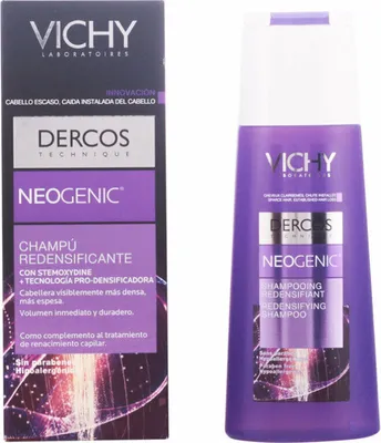 A box and a bottle of Vichy Dercos Neogenic Redensifying Shampoo are shown side-by-side against a white background.