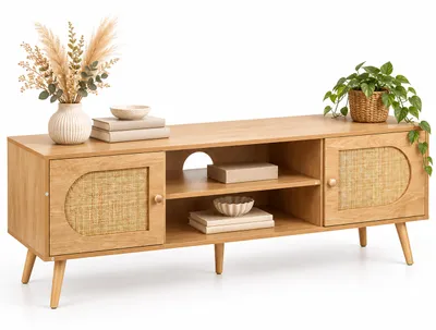 Productafbeelding van Relaxdays TV-meubel, rietdesign, tv-tafel voor schermen tot 60 inch, houtlook, BHD: 49,5 x 140 x 40 cm, tv-bank, naturel, AI-gegenereerde afbeelding