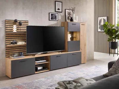 Produktbild von Wohnwand ANCONA in Artisan Eiche Nb. / anthrazit, Lamellenoptik, LED-Beleuchtung, (BxHxT) 250x135x38 cm