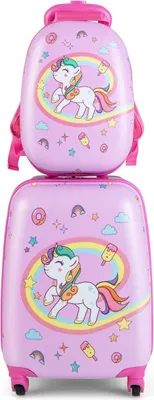 Image de Valise pour enfants valise rigide à roulettes ensemble de bagages à main 2 pièces avec roues pivotantes rose