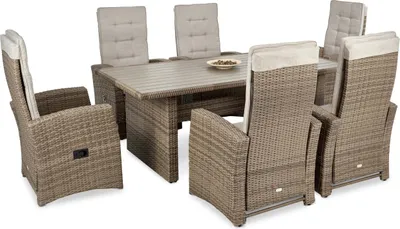 A beige and brown rattan dining set with a table and six chairs, set against a white background.