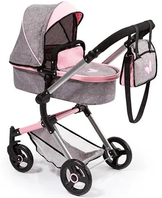 Imagen del producto de Cochecito de muñecas "Butterfly Kombi" de Bayer Design, modelo 18433AA, con cambiador y cesta de compra, convertible en cochecito deportivo, con altura ajustable, color gris con aspecto vaquero, detalles en rosa y motivos de mariposas, 52 cm