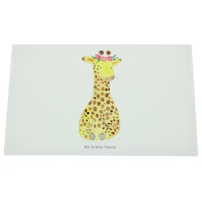 Produktbild von Mr. & Mrs. Panda Hackbrett Giraffe Blumenkranz - Weiß - Geschenk, Selbstliebe, Schneidplatte Glas, Freundin, Schneidebrett, schneidunterlage, Schneidbrett, Afrika, Aus